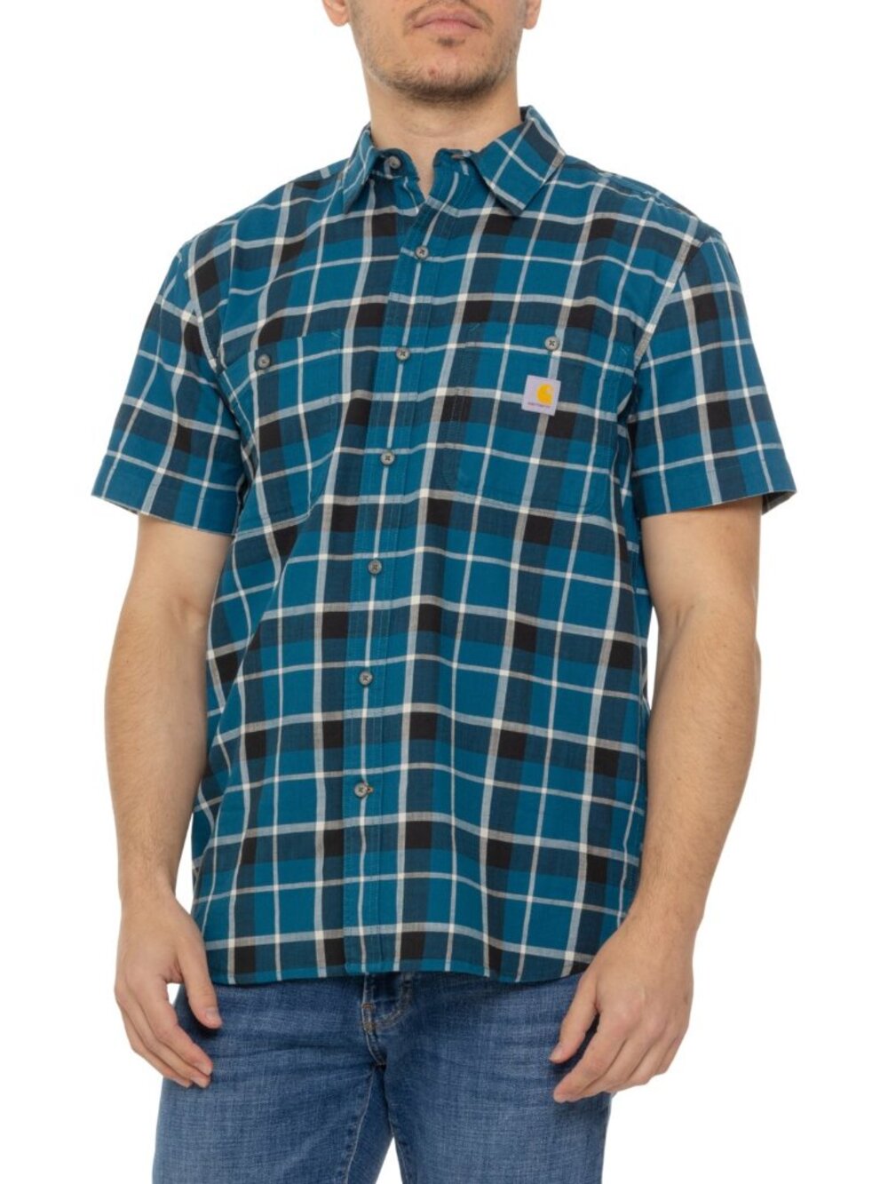 Carhartt Men's Blue Black Plaid Rugged Flex Relaxed Fit Button-Front Shirt Sz L